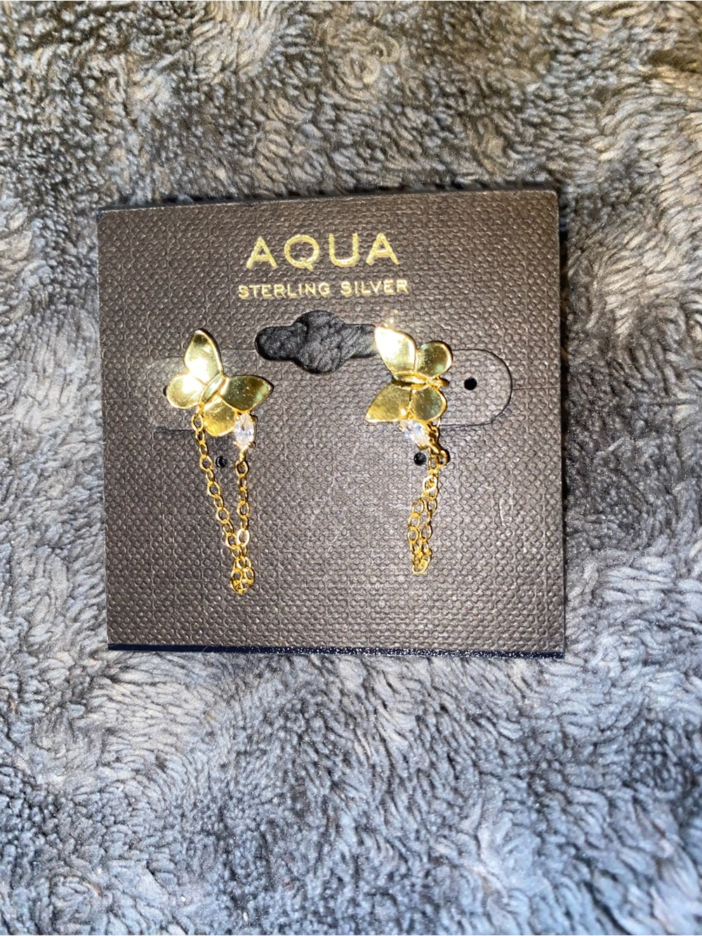 AQUA Sterling Silver Gold Toned Butterfly Drop Earrings w/delicate chain $50